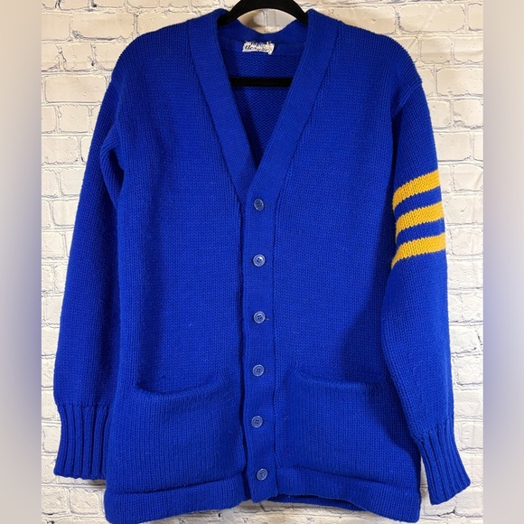 Vintage Royal Blue Retro Collegiate Varsity Letterman Style Cardigan Sweater M